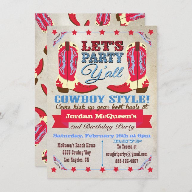 Cowboy Western Birthday Party Invitations (Front/Back)