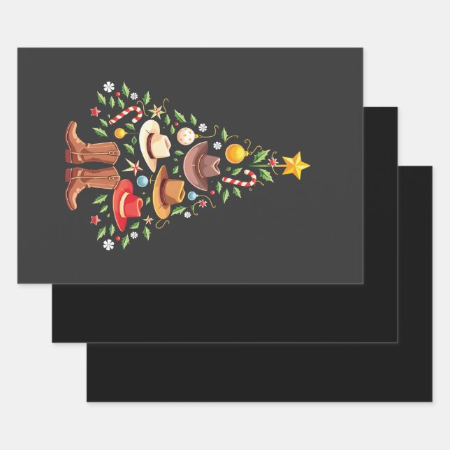 Cowboy Western Christmas Tree Santa  Wrapping Paper Sheet (Set)