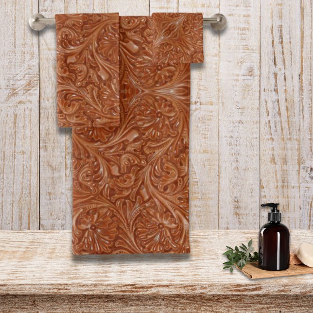 cowboy western country pattern tooled leather bath towel set (cowboy western country pattern tooled leather bath towel set)