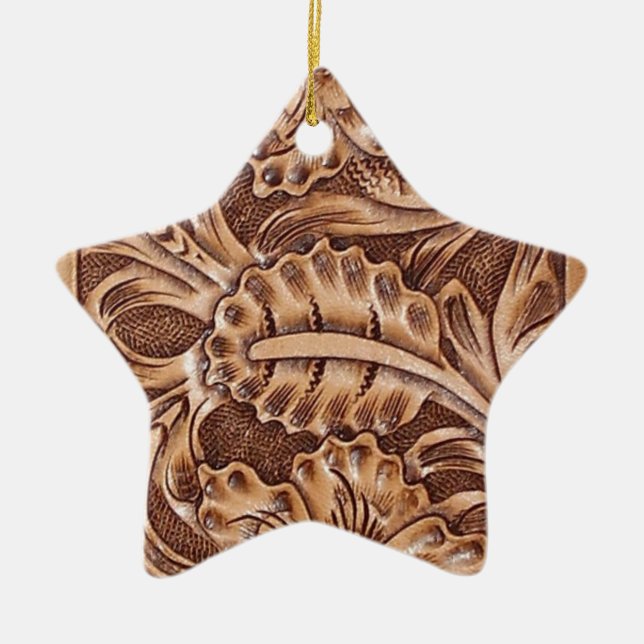 cowboy western country pattern tooled leather ceramic ornament (Front)