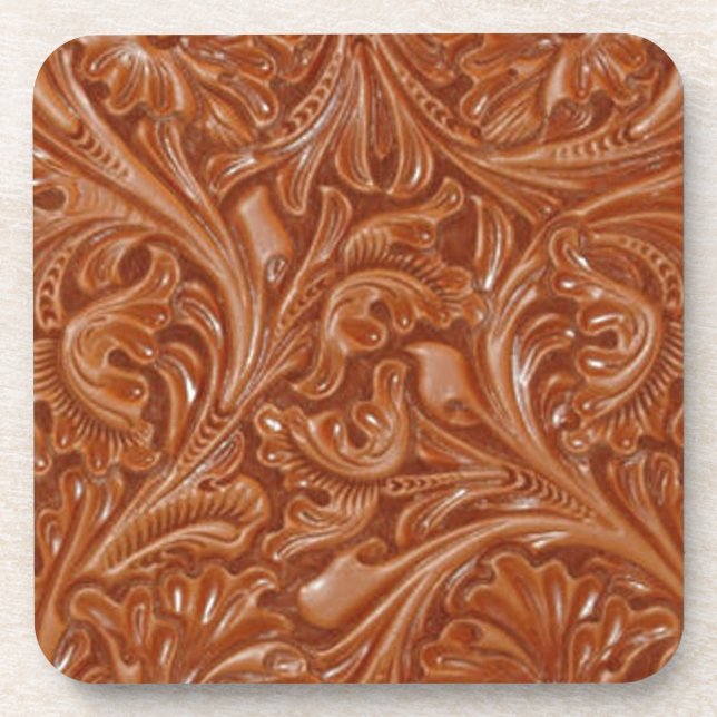 cowboy western country pattern tooled leather coaster (Front)