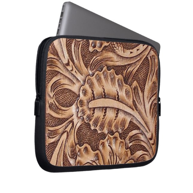 cowboy western country pattern tooled leather laptop sleeve (Front Right)