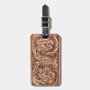 cowboy western country pattern tooled leather luggage tag