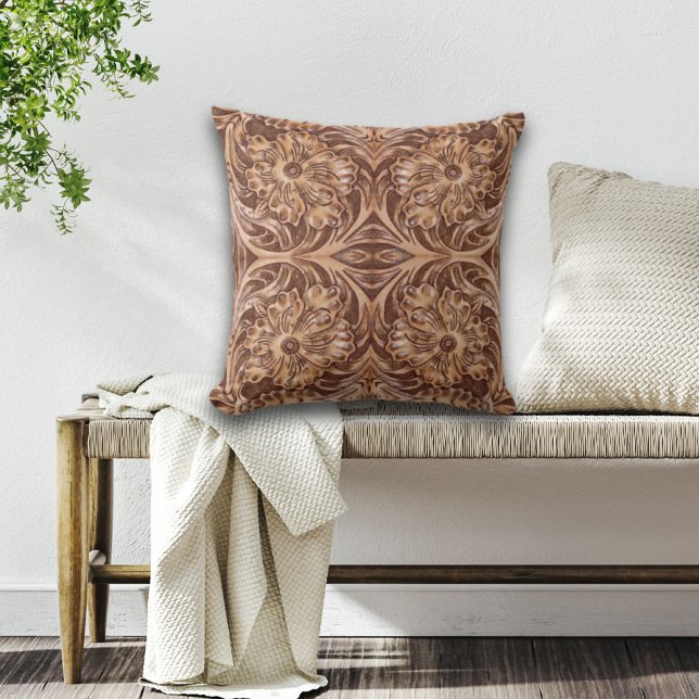 cowboy western country pattern tooled leather throw pillow (Creator Uploaded)