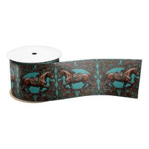 Cowboy Western Country Teal Blue Brown Horse  Satin Ribbon