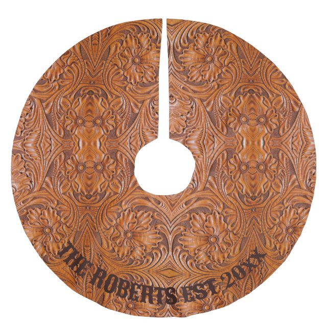Cowboy western country tooled leather family name  brushed polyester tree skirt (Front)