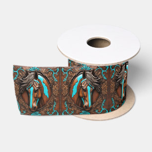 Cowboy Western Country Turquoise Blue Brown Horse  Satin Ribbon