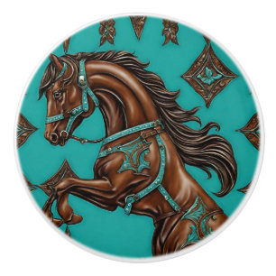 Cowboy Western Country Turquoise Brown Horse  Ceramic Knob