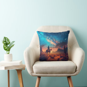 Cowboy Western Desert Night Ride Cactus Throw Pillow