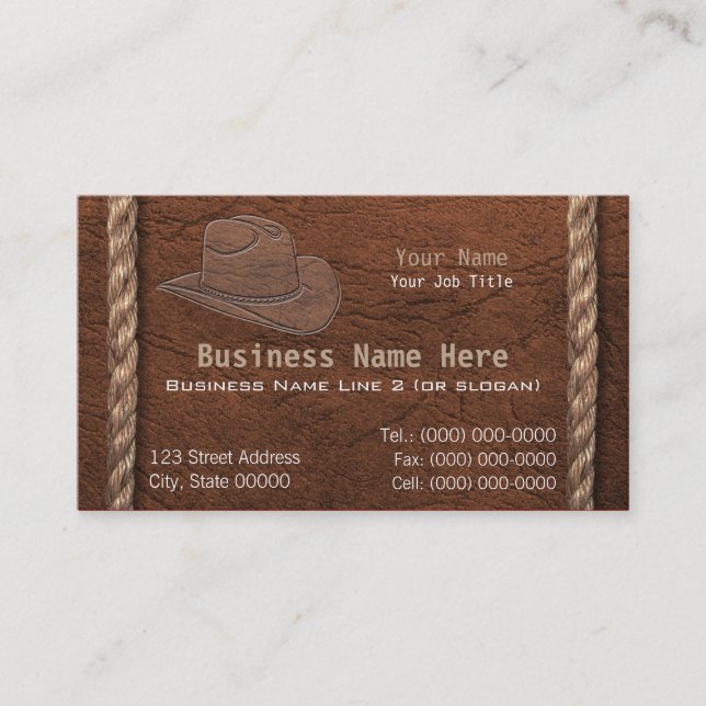 Cowboy / Western Faux Tooled Leather & Rope Business Card (Front)