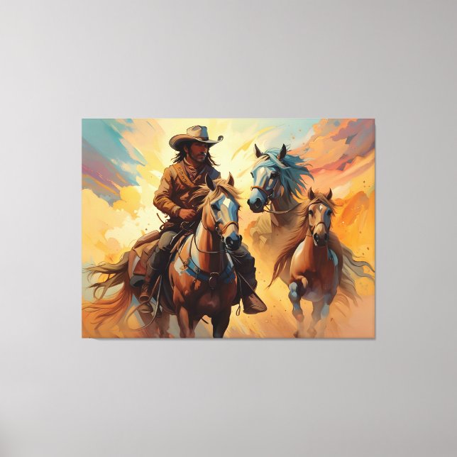 Cowboy Western Horses blue Tan Collage Canvas Print (Front)