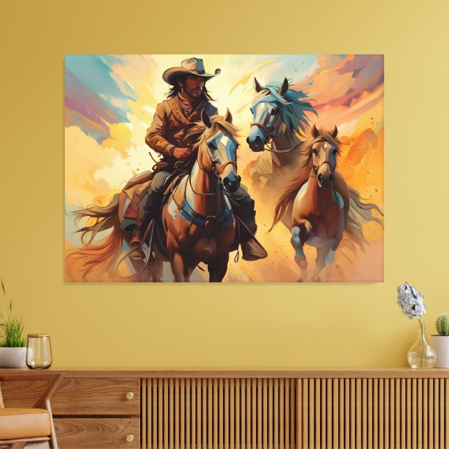 Cowboy Western Horses blue Tan Collage Canvas Print (Insitu(LivingRoom))