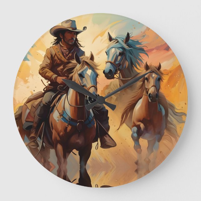 Cowboy Western Horses blue Tan Collage Large Clock (Front)