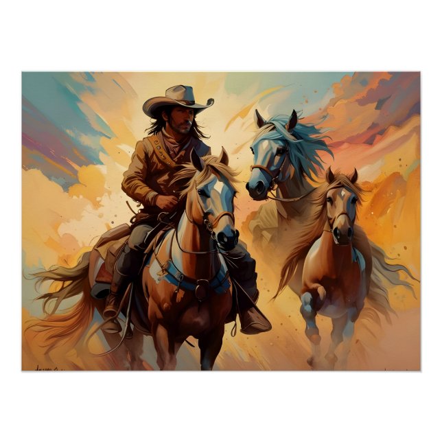 Cowboy Western Horses blue Tan Collage Poster (Front)