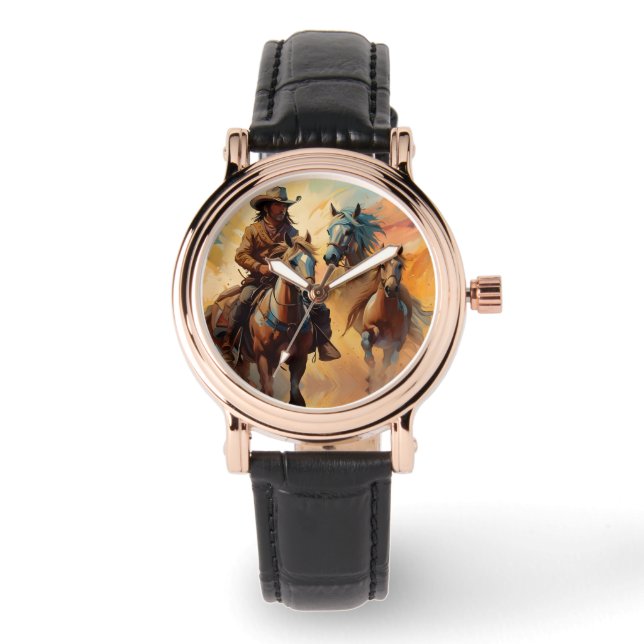 Cowboy Western Horses blue Tan Collage Watch (Front)
