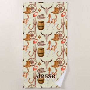 Cowboy western rodeo cowgirl personalized name beach towel