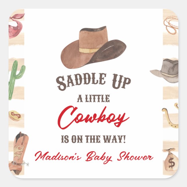 Cowboy Western Rodeo Wild West Baby Shower Square Sticker (Front)