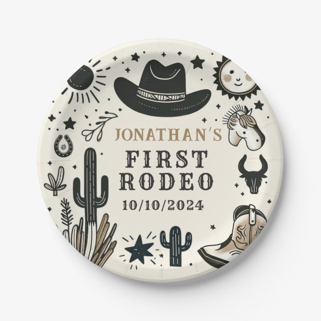 Cowboy Wild Western First Rodeo First Birthday 1st Paper Plate (Front)