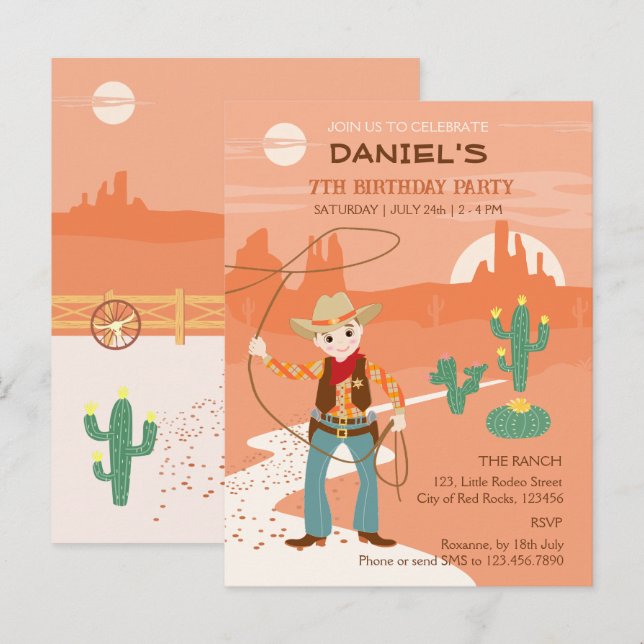 Cowboy with a lasso and cacti kids Birthday Party Invitation Postcard (Front/Back)
