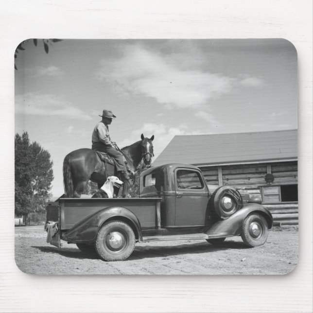 Cowboy with horse in a truck mouse pad (Front)