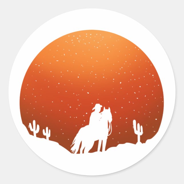 Cowboy with horse Wild West sunset landscape Classic Round Sticker (Front)