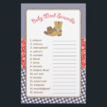 Cowboy Word Scramble Baby Shower Game Flyer<br><div class="desc">This baby shower game design features cowboy boots and a cowboy hat on a gingham and paisley background. The collection of coordinating products is available in our shop, zazzle.com/doodlelulu*. Contact us if you need this design applied to a specific product to create your own unique matching item! Thank you so...</div>
