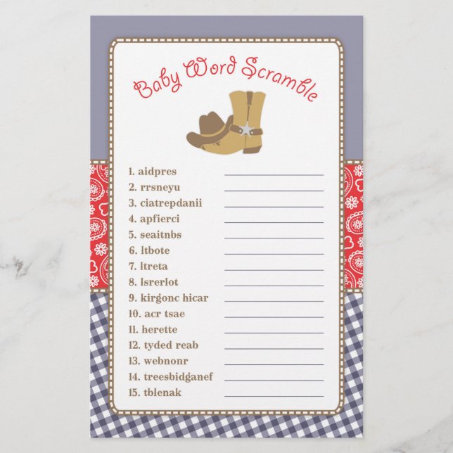 Cowboy Word Scramble Baby Shower Game Flyer (Front)