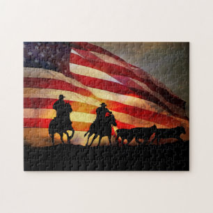 Cowboys and Horses Cattle Round Up with Flag Jigsaw Puzzle