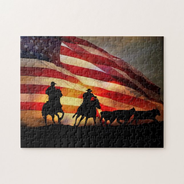 Cowboys and Horses Cattle Round Up with Flag Jigsaw Puzzle (Horizontal)