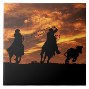 Cowboys and Horses Roping Steer Tile