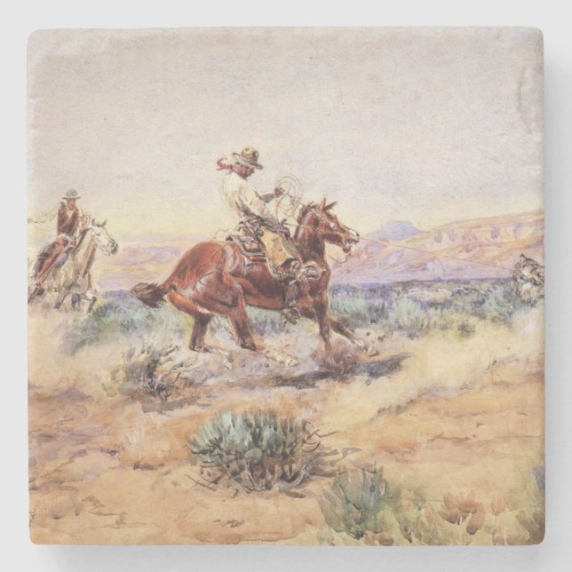 Cowboys Catching a Wolf with a Rope Lasso Stone Coaster (Front)