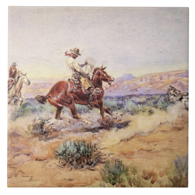Cowboys Catching a Wolf with a Rope Lasso Tile (Front)