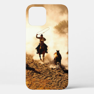 Cowboys chasing wilding horses. roping and riding, iPhone 12 case