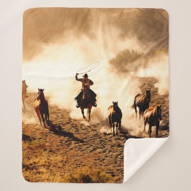 Cowboys chasing wilding horses. roping and riding, sherpa blanket (Front)