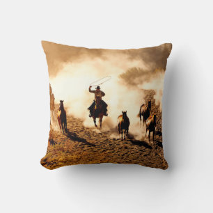 Cowboys chasing wilding horses. roping and riding, throw pillow