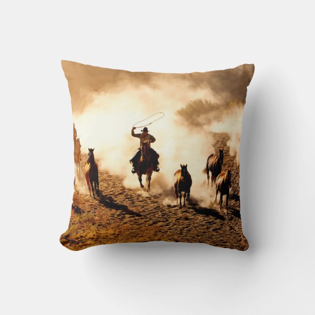 Cowboys chasing wilding horses. roping and riding, throw pillow (Front)