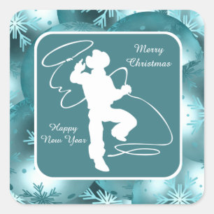Cowboys Cowgirls Roping On Blue Holiday Stickers