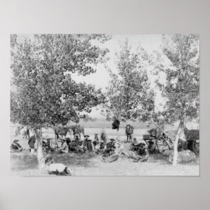 Cowboys Eating Dinner on Ground Under Trees Poster
