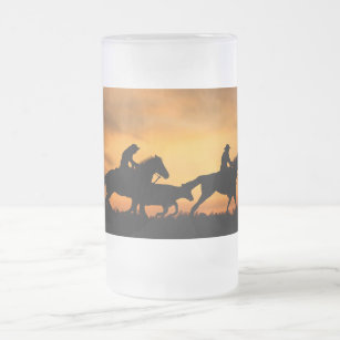Cowboys Horses and Steer Country Western Rugged Frosted Glass Beer Mug