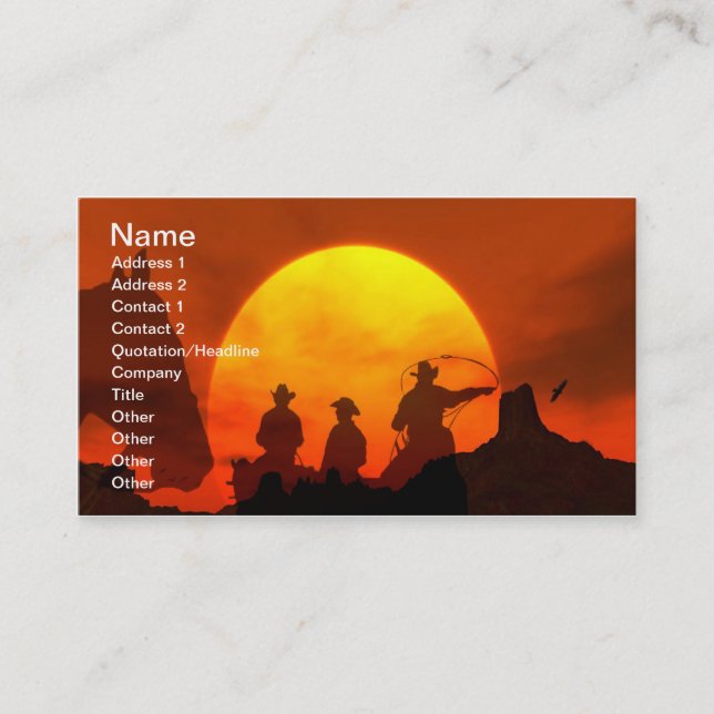 Cowboys riding into sunset western Business Card (Front)