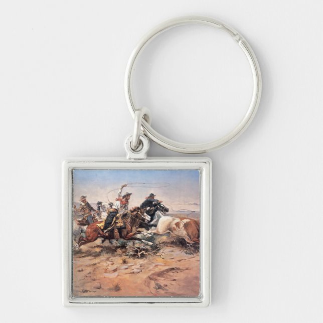 Cowboys roping a steer, 1897 (oil on canvas) keychain (Front)