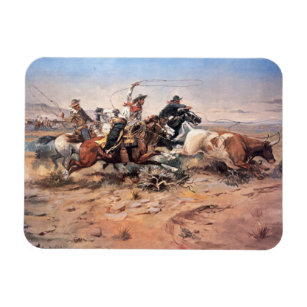 Cowboys roping a steer, 1897 (oil on canvas) magnet