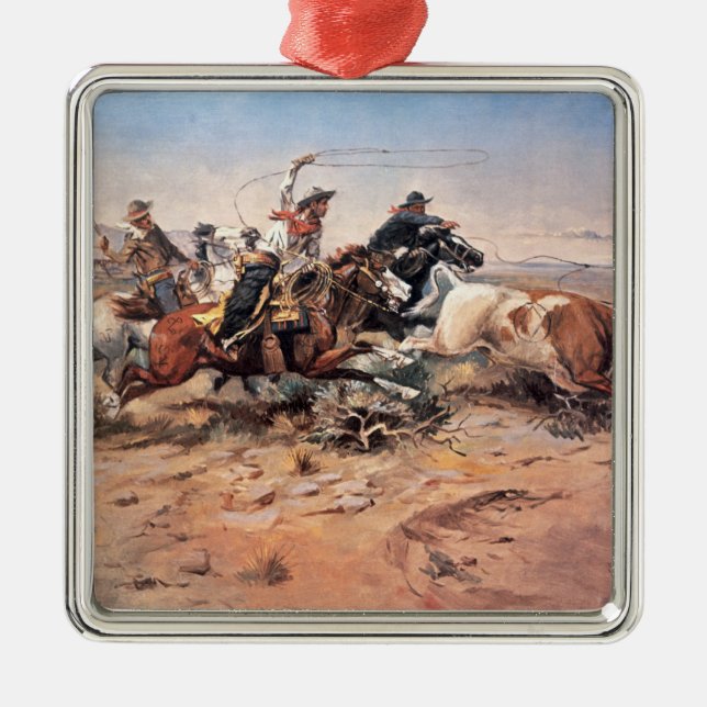 Cowboys roping a steer, 1897 (oil on canvas) metal ornament (Front)