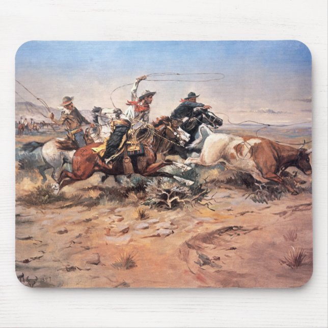 Cowboys roping a steer, 1897 (oil on canvas) mouse pad (Front)