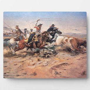 Cowboys roping a steer, 1897 (oil on canvas) plaque