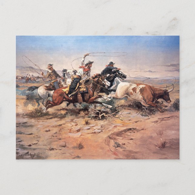 Cowboys roping a steer, 1897 (oil on canvas) postcard (Front)