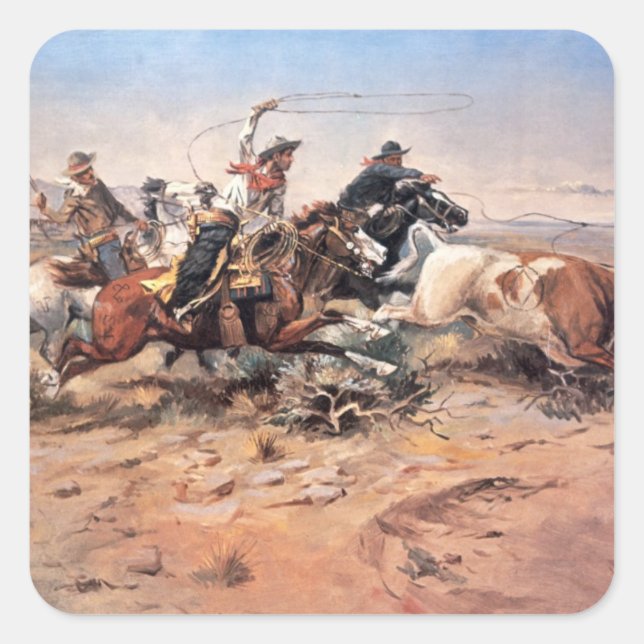 Cowboys roping a steer, 1897 (oil on canvas) square sticker (Front)