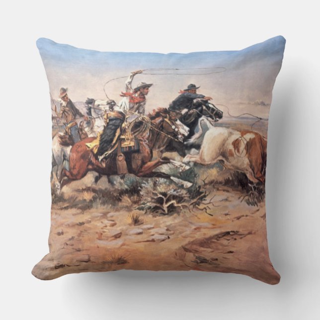 Cowboys roping a steer, 1897 (oil on canvas) throw pillow (Front)