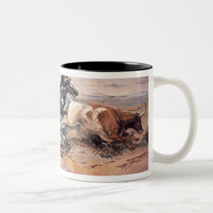 Cowboys roping a steer, 1897 (oil on canvas) Two-Tone coffee mug