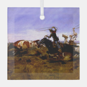 “Cowboys Roping a Steer” by Charles M Russell Glass Ornament